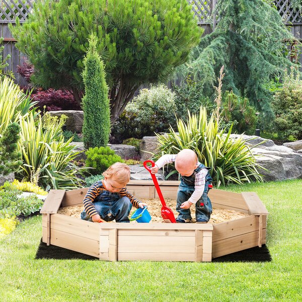 Outsunny Sabbiera per Bambini con Sedili e Copertura, Età 3-8 Anni, 139.5x139.5x21.5cm, Colore Legno