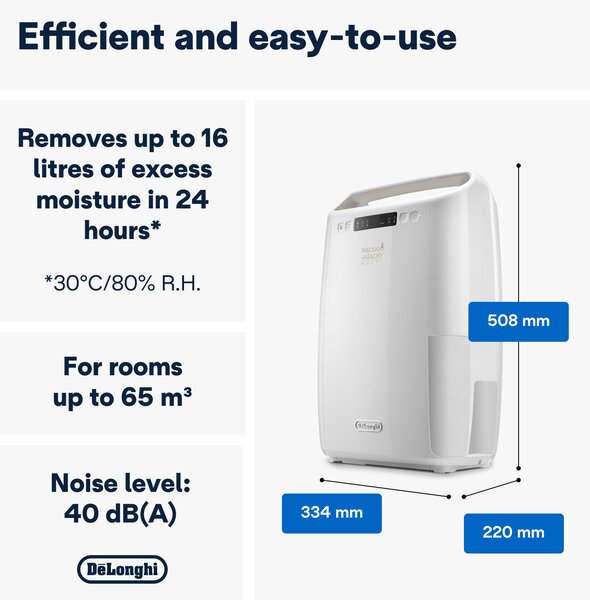 De Longhi Deumidificatore Portatile per la casa muffa 14 Litri In 24 Ore Tanica 2.1 Litri Tasciugo AriaDry Multi colore Bianco - DEXD214RF