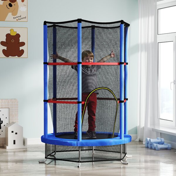 HOMCOM Tappeto Elastico per Bambini 3-6 Anni con Rete di Protezione, 6 Colonne e 3 Ingressi, Ø140x190 cm, Blu e Nero