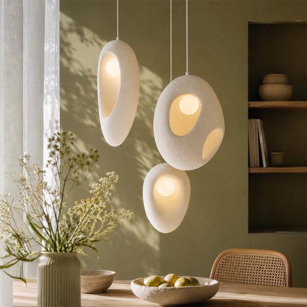 Lampada a sospensione Japandi bianca con paralumi organici 3 luci - Moonstone