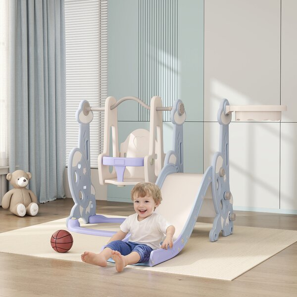 AIYAPLAY Gioco per Bambini 4 in 1 con Scivolo, Altalena, Arrampicata e Canestro, 147.5x160x107 cm, Azzurro Chiaro
