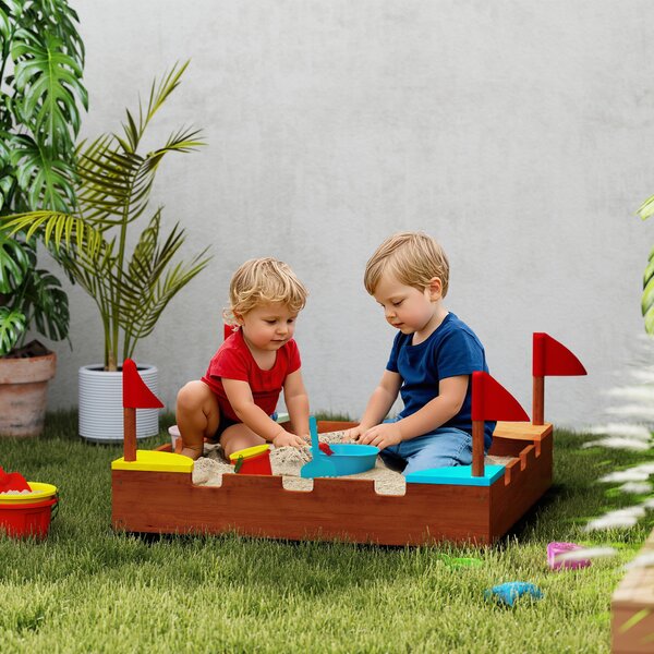 AIYAPLAY Sabbiera per Bambini 3-7 Anni a Forma di Castello con 4 Sedute in Legno di Abete, 90x90x17 cm, Multicolore | Aosom Italy