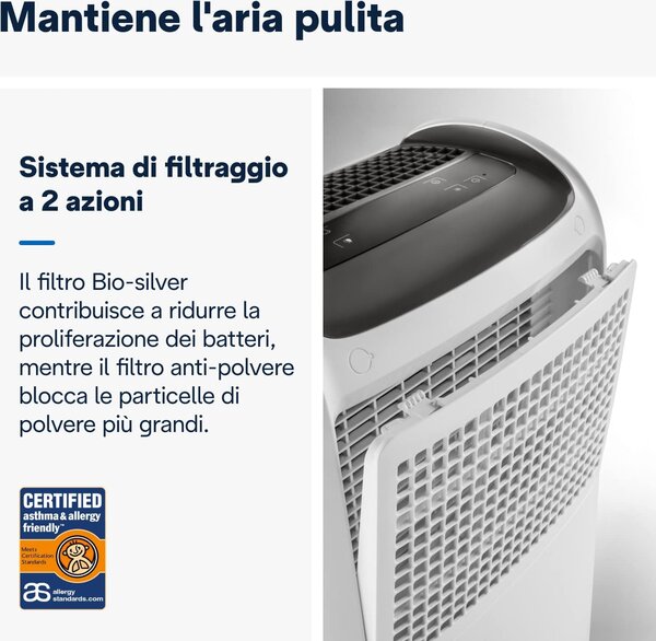 De Longhi Deumidificatore Portatile per la casa muffa 20 Litri in 24 Ore Capacit Tanica 5 Litri Silenziosit 44 dB colore Bianco - DDSX220