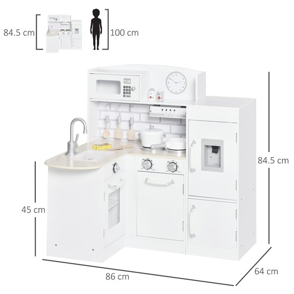 HOMCOM Cucina Giocattolo per Bambini in Legno con 14 Accessori, Forno, Lavandino, Frigo e Microonde, Età 3+ Anni, 86x64x84.5cm, Bianco e Argento|Aosom
