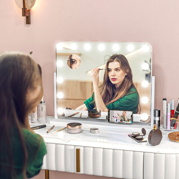 HOMCOM Specchio da Trucco con 14 Luci LED Regolabili e Ricarica USB, in Vetro e Metallo, 62.5x14x49.5 cm, Bianco | Aosom Italy
