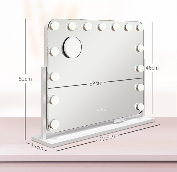 HOMCOM Specchio da Trucco con 14 Luci LED Regolabili e Ricarica USB, in Vetro e Metallo, 62.5x14x49.5 cm, Bianco | Aosom Italy