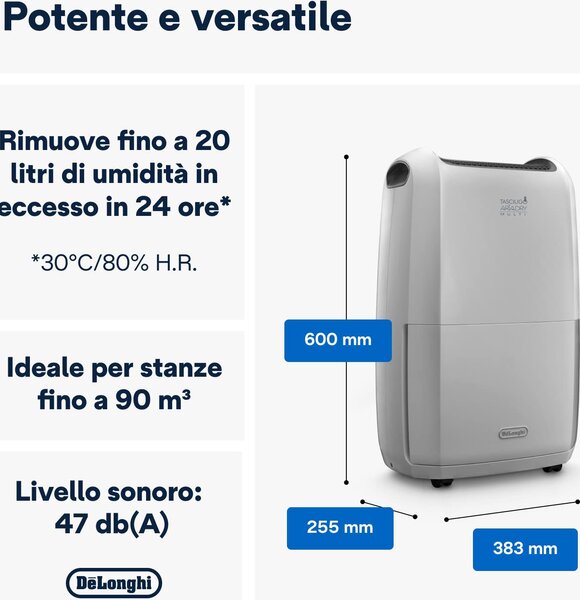 De Longhi Deumidificatore Portatile per la casa muffa 20 Litri in 24 Ore Capacit Tanica 5 Litri Silenziosit 44 dB colore Bianco - DDSX220
