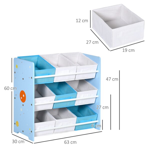 ZONEKIZ Mobiletto Portagiochi con 9 Cestini Rimovibili in MDF e Tessuto, 63x30x60cm, Azzurro | Aosom Italy
