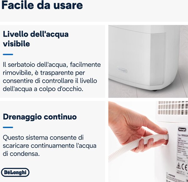 De Longhi Deumidificatore Portatile per la casa muffa 20 Litri in 24 Ore Capacit Tanica 5 Litri Silenziosit 44 dB colore Bianco - DDSX220