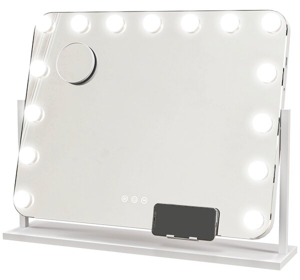 HOMCOM Specchio da Trucco con 14 Luci LED Regolabili e Ricarica USB, in Vetro e Metallo, 62.5x14x49.5 cm, Bianco | Aosom Italy