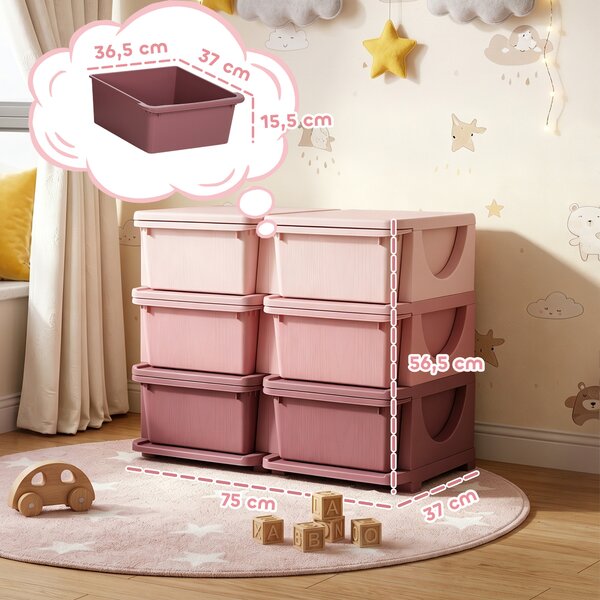 HOMCOM Cassettiera 6 Cassetti per Bambini 3-6 Anni con Bordi Arrotondati, in PP Rosa, 75x37x56.5 cm | Aosom Italy