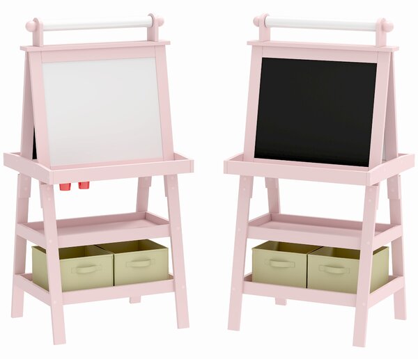 AIYAPLAY Lavagna per Bambini con Cavalletto 3 in 1, Rotolo di Carta e 2 Contenitori, in Legno, 59x48x118 cm, Rosa | Aosom Italy