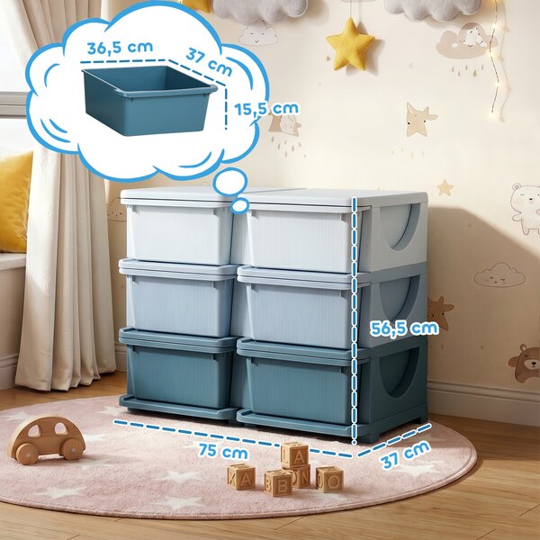 HOMCOM Cassettiera 6 Cassetti per Bambini 3-6 Anni con Bordi Arrotondati, in PP Blu, 75x37x56.5 cm | Aosom Italy