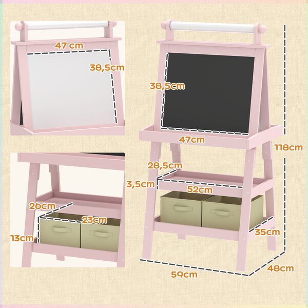 AIYAPLAY Lavagna per Bambini con Cavalletto 3 in 1, Rotolo di Carta e 2 Contenitori, in Legno, 59x48x118 cm, Rosa | Aosom Italy