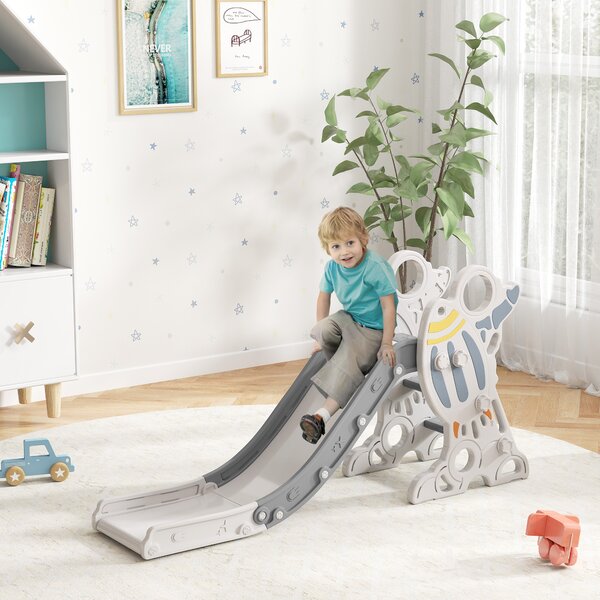 AIYAPLAY Scivolo per Bambini 18-36 Mesi in PE e PP a Tema Spaziale con Scale Antiscivolo, 157x46.5x80 cm, Grigio e Bianco | Aosom Italy