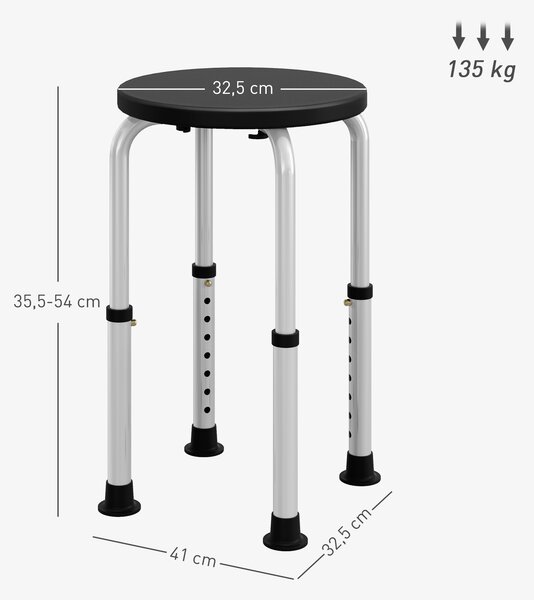 HOMCOM Sgabello da Doccia Antiscivolo e Regolabile su 8 Altezze, in Alluminio e PE, 32.5x41x35.5-54 cm, Nero | Aosom Italy