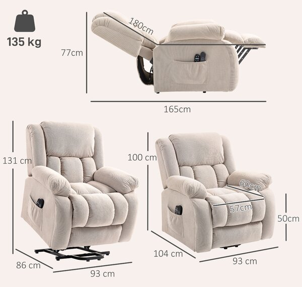 HOMCOM Poltrona Alzapersona Moderno con 2 Tasche e Telecomando, Sedia Massaggiante e Reclinabile, 93x104x105 cm, Beige | Aosom Italy