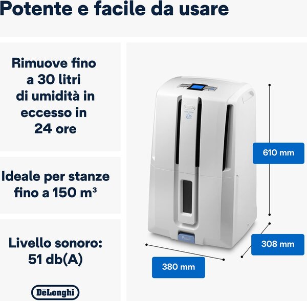 De Longhi Deumidificatore Portatile per la casa muffa 30 Litri in 24 Ore Tanica 7 Litri 51 dB - DD230P