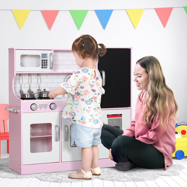 AIYAPLAY Cucina Giocattolo in Legno per Bambini 3-8 Anni con Fornelli, Microonde, Lavandino, e Accessori, Rosa | Aosom Italy