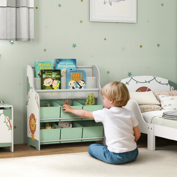 AIYAPLAY Scaffale Portagiochi con 6 Cassetti in Tessuto e Libreria a 2 Livelli, in Legno e Acciaio, 63x30x71 cm, Verde | Aosom Italy
