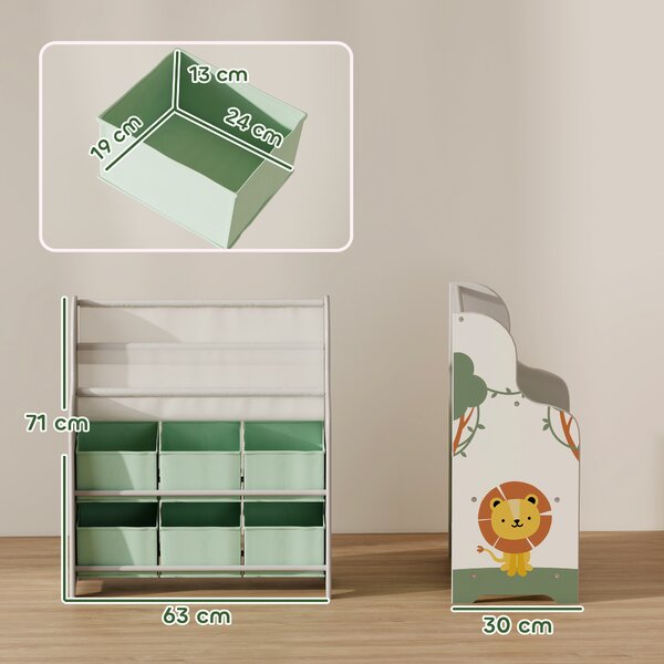 AIYAPLAY Scaffale Portagiochi con 6 Cassetti in Tessuto e Libreria a 2 Livelli, in Legno e Acciaio, 63x30x71 cm, Verde | Aosom Italy