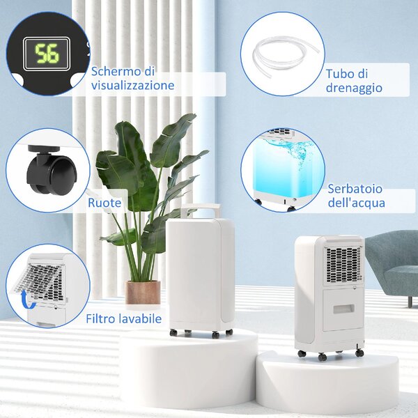 DecHome Deumidificatore Portatile Touch da 12L con Tubo di Scarico Timer e Filtro in ABS 28x18x50.6 cm colore Bianco - 980WTS432