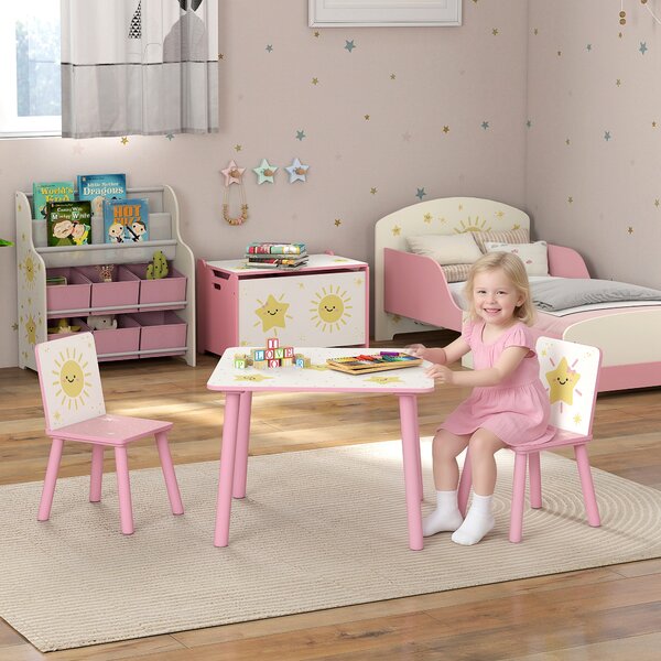 AIYAPLAY Set Arredo Cameretta con Tavolo e 2 Sedie, Altezza Adatta per Bambini da 3-8 Anni con Fantasia a Stelle, Rosa | Aosom Italy