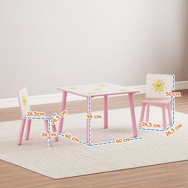 AIYAPLAY Set Arredo Cameretta con Tavolo e 2 Sedie, Altezza Adatta per Bambini da 3-8 Anni con Fantasia a Stelle, Rosa | Aosom Italy