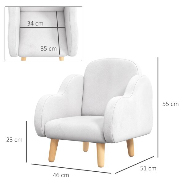 ZONEKIZ Poltrona per Bambini in Stile Scandinavo con Braccioli a Nuvola in Tessuto Bianco, 46x51x55 cm | Aosom Italy