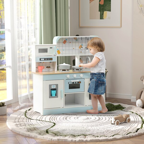 AIYAPLAY Cucina Giocattolo per Bambini 3+ Anni in Legno, Fornello Interattivo, Forno e Macchina Caffè, Bianco | Aosom Italy