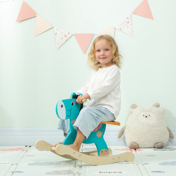 AIYAPLAY Cavallo a Dondolo a Forma di Asino per Bambini con Base Larga, in Legno, 59x27x43 cm, Verde Scuro e Arancione | Aosom Italy