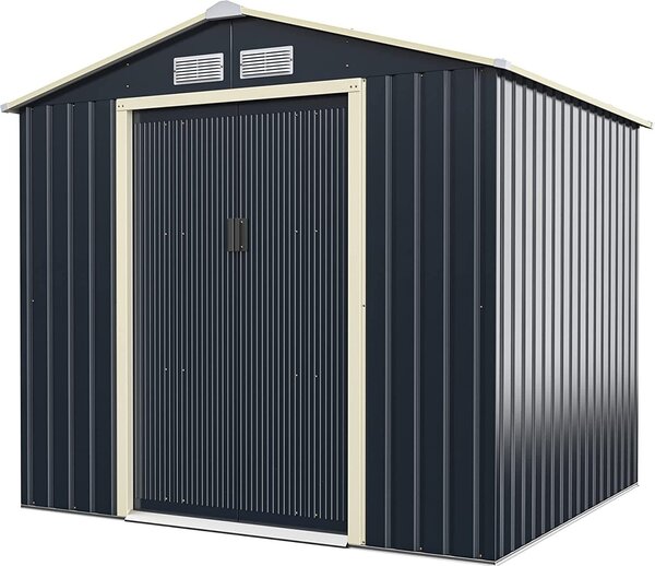 Casetta per attrezzi in metallo, capanno con 2 porte scorrevoli e 4 finestre di ventilazione, casetta da giardino con tetto a due falde, capanno da esterno, grigio (versione ampliata - 213 x 191 x 195 cm)