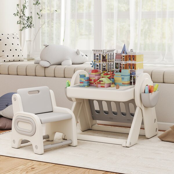 AIYAPLAY Tavolo Multiuso per Bambini con Ripiano Contenitore e Cassetti, in HDPE e PP, Grigio e Bianco | Aosom Italy
