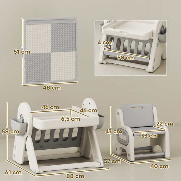 AIYAPLAY Tavolo Multiuso per Bambini con Ripiano Contenitore e Cassetti, in HDPE e PP, Grigio e Bianco | Aosom Italy