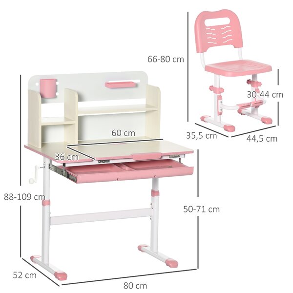 HOMCOM Set Scrivania e Sedia per Bambini da 3 Anni Regolabile, Tavolo Inclinabile a 60° con Cassetto e Ripiani, Rosa | Aosom Italy
