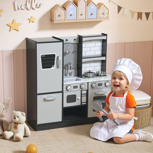 AIYAPLAY Cucina Giocattolo per Bambini 3-8 Anni con Accessori, Frigo, Lavandino e Manopole con Suoni, in Legno, Marrone | Aosom Italy