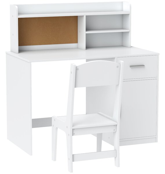 AIYAPLAY Scrivania per Bambini con Scaffali, Armadietto, Cassetto e Sedia per Bambini Abbinata in MDF Bianco | Aosom Italy