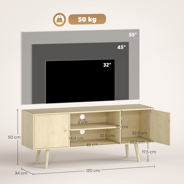 HOMCOM Mobile TV 55" max con 2 Armadietti e 2 Ripiani Aperti, in Legno e Truciolato, 120x34x50 cm, Color Legno | Aosom Italy