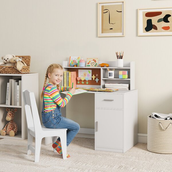 AIYAPLAY Scrivania per Bambini con Scaffali, Armadietto, Cassetto e Sedia per Bambini Abbinata in MDF Bianco | Aosom Italy