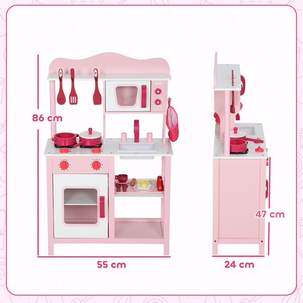 AIYAPLAY Cucina Giocattolo per Bambini 3+ Anni con Microonde, Piano Cottura e Lavandino, in Legno, 55x24x86 cm, Rosa | Aosom Italy