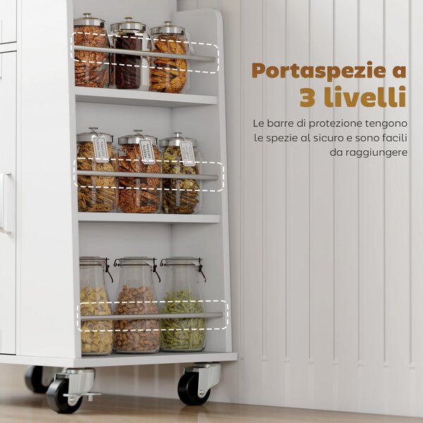 HOMCOM Carrello da Cucina con Cassetto, Armadietto, Portasciugamani e 3 Portaspezie, in Legno, 62x40x87 cm, Bianco | Aosom Italy