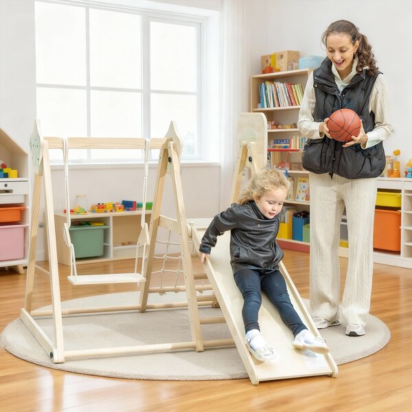 AIYAPLAY Gioco Arrampicata 5 in 1 Pieghevole con Scivolo, 2 Pareti, Altalena e Canestro, in Legno, 140x172.5x116.5 cm | Aosom Italy