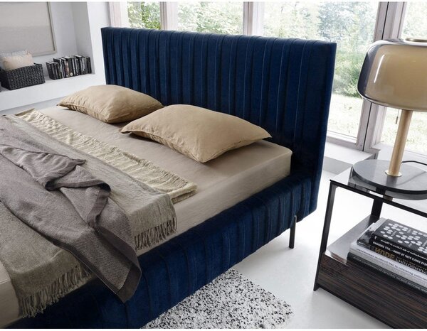 Letto matrimoniale imbottito blu scuro con contenitore e rete inclusi 140x200 cm Plissa – ELTAP