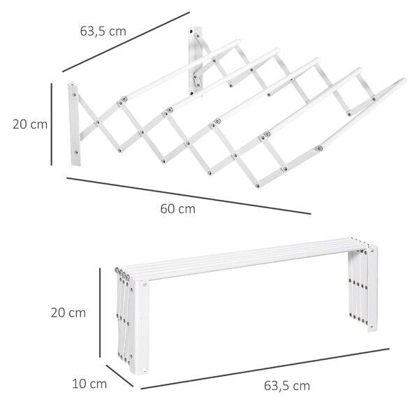 HOMCOM Stendibiancheria a Parete Retrattile, Stendino Salvaspazio Pieghevole in Metallo per Interni ed Esterni, 63.5x60x20 cm, Bianco | Aosom Italy
