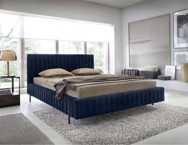 Letto matrimoniale imbottito blu scuro con contenitore e rete inclusi 140x200 cm Plissa – ELTAP