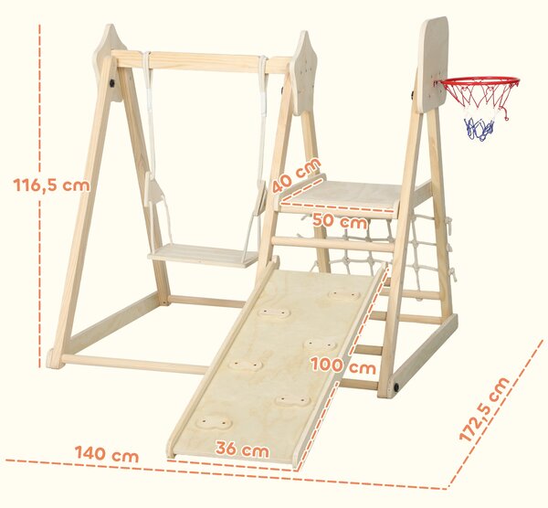 AIYAPLAY Gioco Arrampicata 5 in 1 Pieghevole con Scivolo, 2 Pareti, Altalena e Canestro, in Legno, 140x172.5x116.5 cm | Aosom Italy