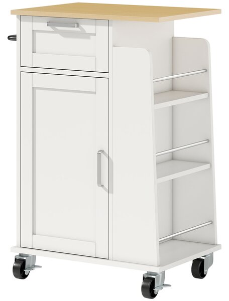 HOMCOM Carrello da Cucina con Cassetto, Armadietto, Portasciugamani e 3 Portaspezie, in Legno, 62x40x87 cm, Bianco | Aosom Italy