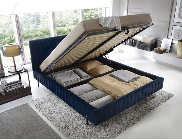 Letto matrimoniale imbottito blu scuro con contenitore e rete inclusi 140x200 cm Plissa – ELTAP