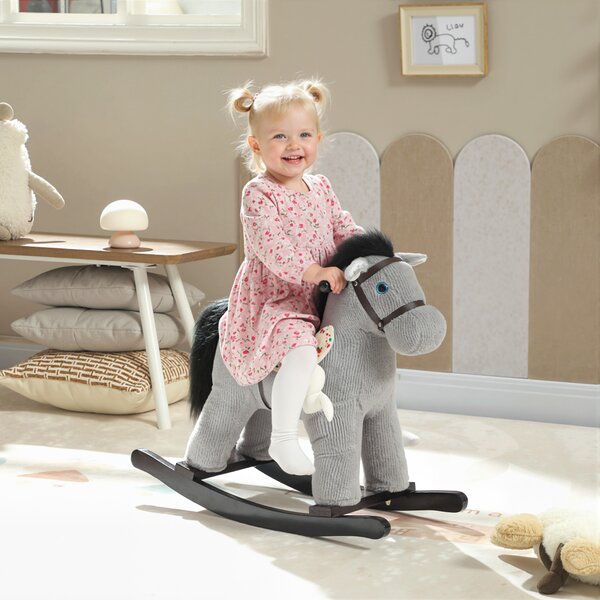 AIYAPLAY Cavallo a Dondolo con Suoni per Bambini da 2-5 Anni e Animale di Peluche Incluso, Legno e Acciaio, Grigio | Aosom Italy