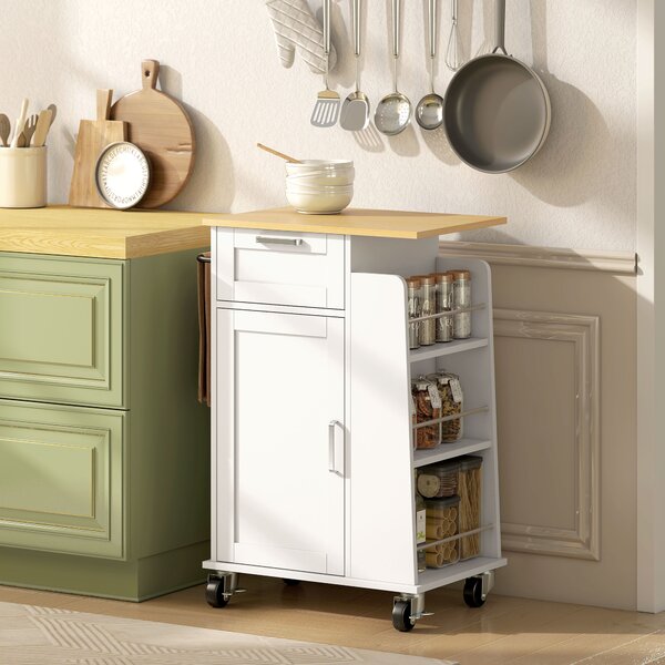 HOMCOM Carrello da Cucina con Cassetto, Armadietto, Portasciugamani e 3 Portaspezie, in Legno, 62x40x87 cm, Bianco | Aosom Italy